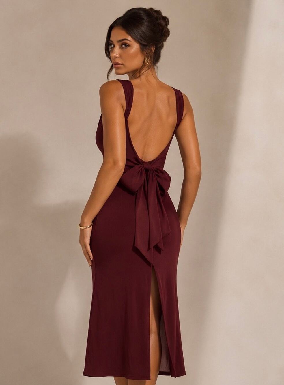 Oh Polly Midi sleeveless Bow detail Dress Burgundy Wine Size 4